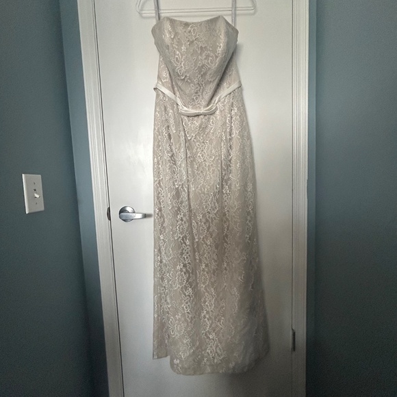 Alfred Angelo Strapless Empire Waist Champagne Underlay White Lace Overlay Dress - Picture 3 of 17